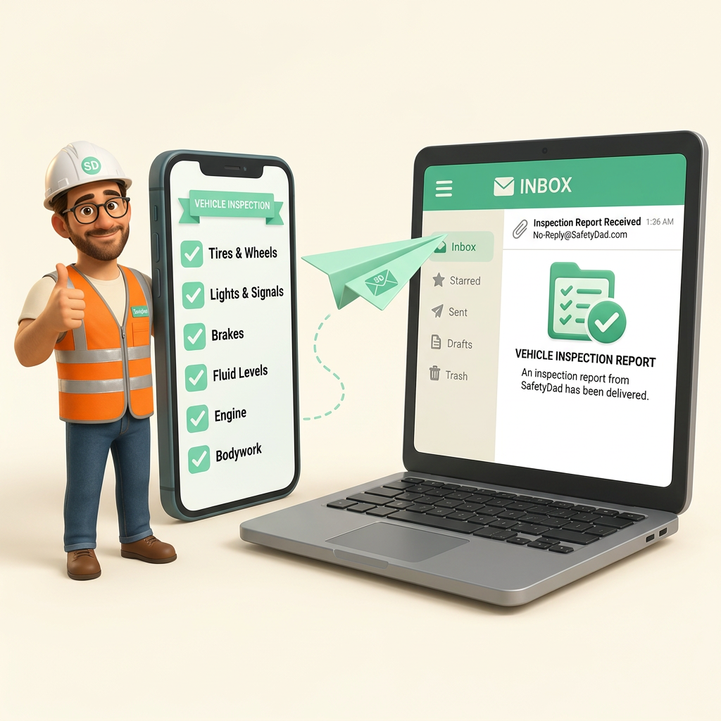 SafetyDad mascot emailing a completed daily vehicle inspection report from a phone to an inbox on a laptop.